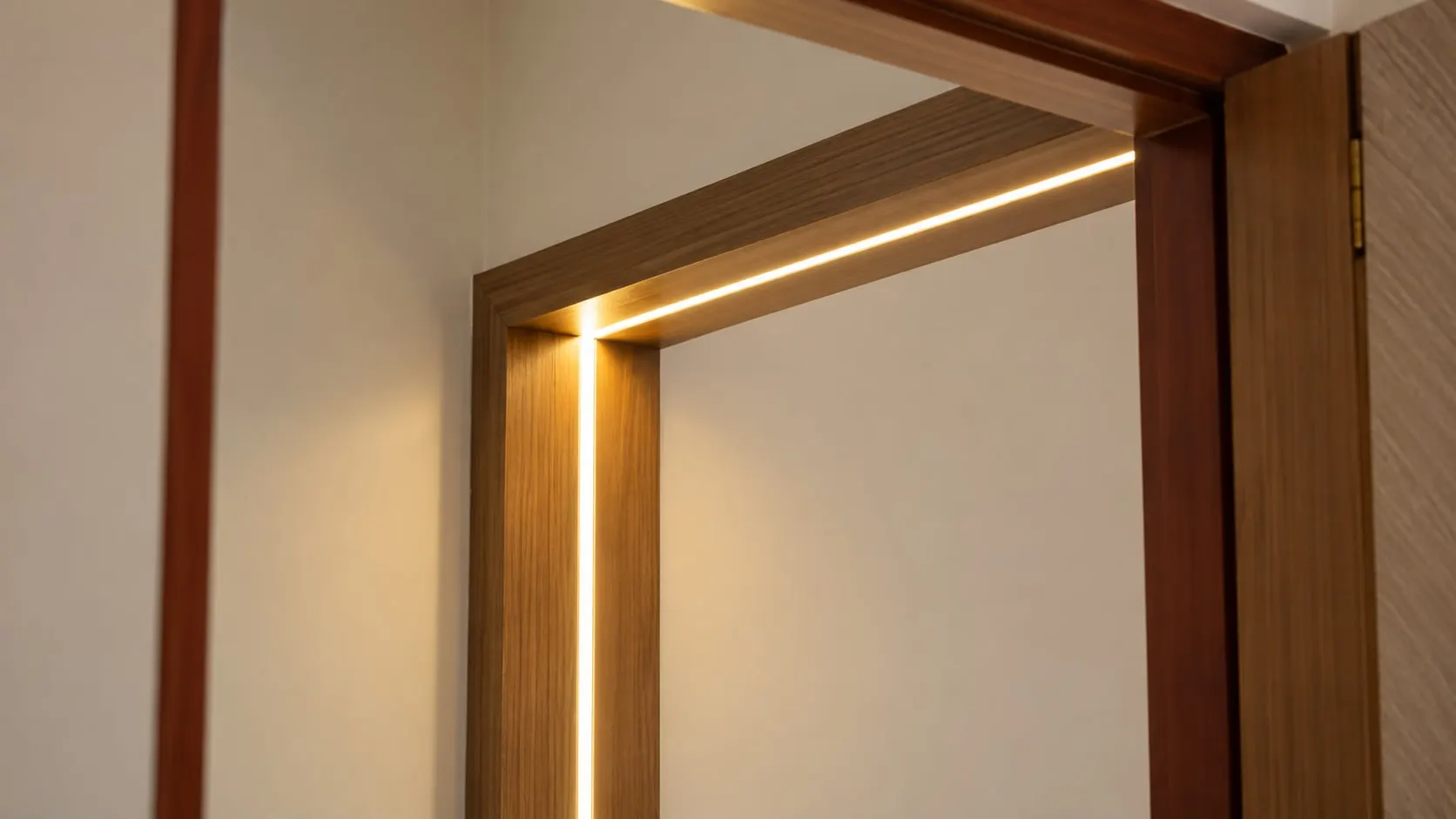 Timber door frame with a line of light set into its edge