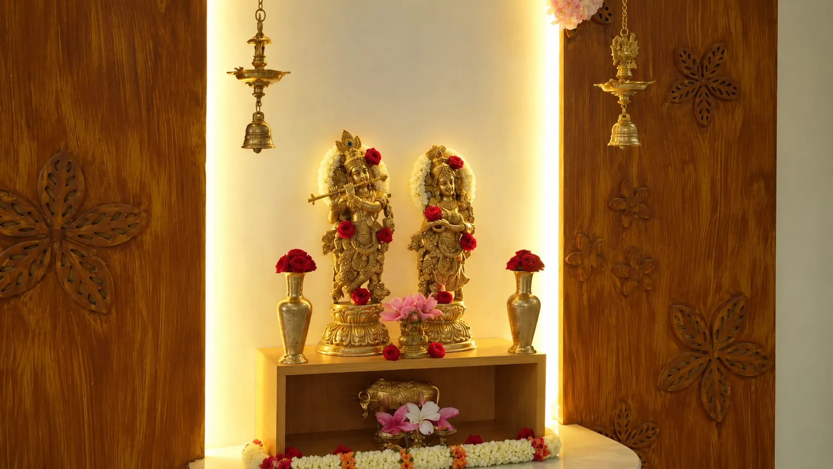Close view of the pooja niche: brass idols, hanging brass lamps and carved flower motifs in the timber