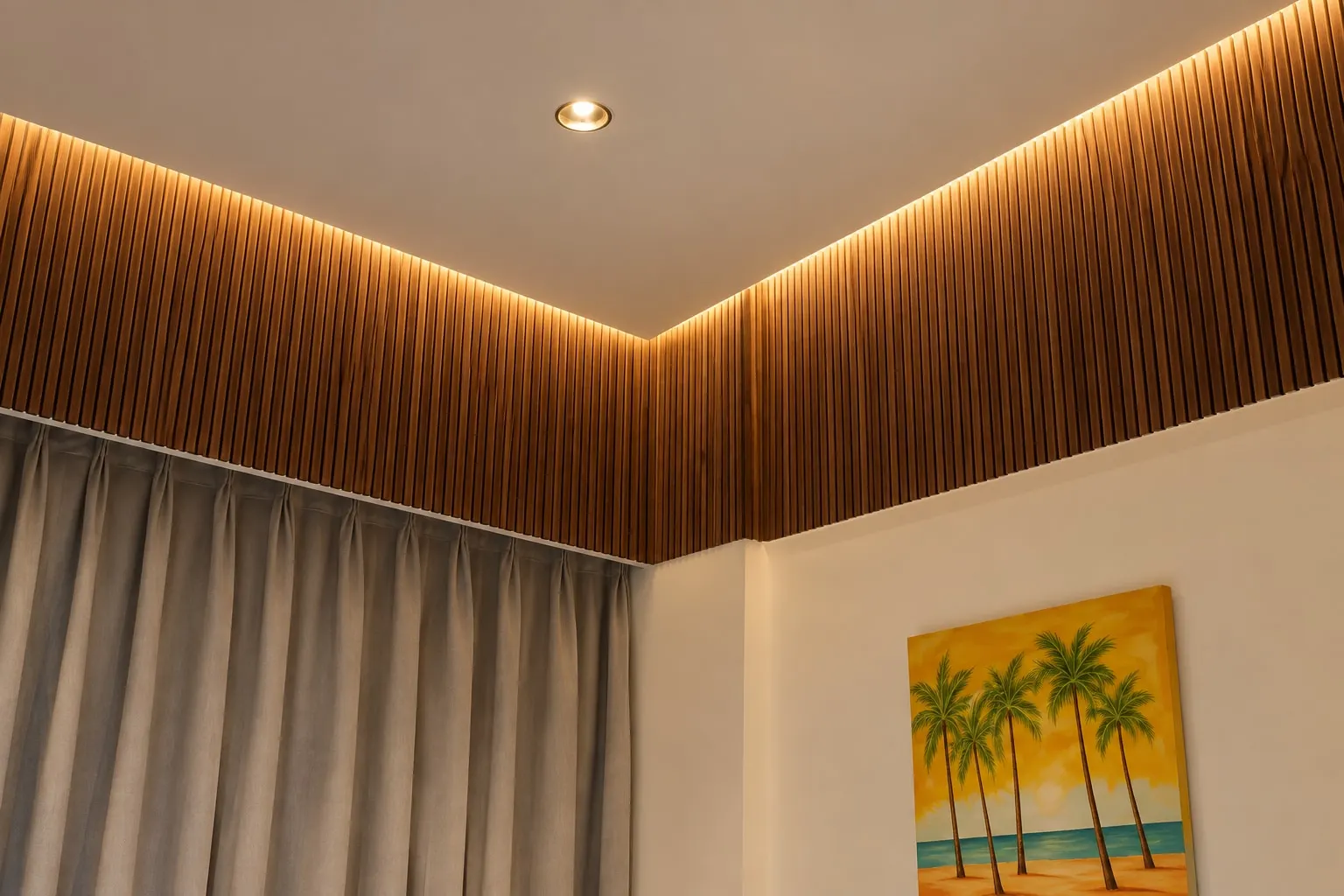 Timber-slatted ceiling cove with warm concealed lighting above grey curtains