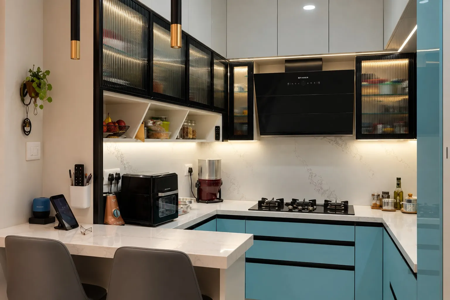 Kitchen counter with fluted-glass upper cabinets, under-cabinet lighting and a white stone-finish backsplash