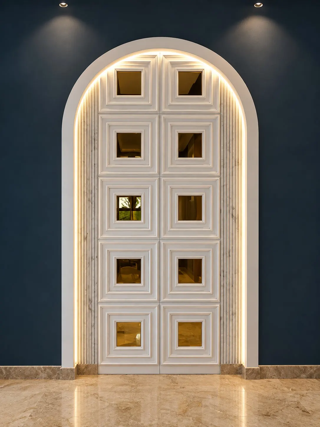 A white panelled double door set in an arch, with small glass panes and light running around its edge, against a navy wall