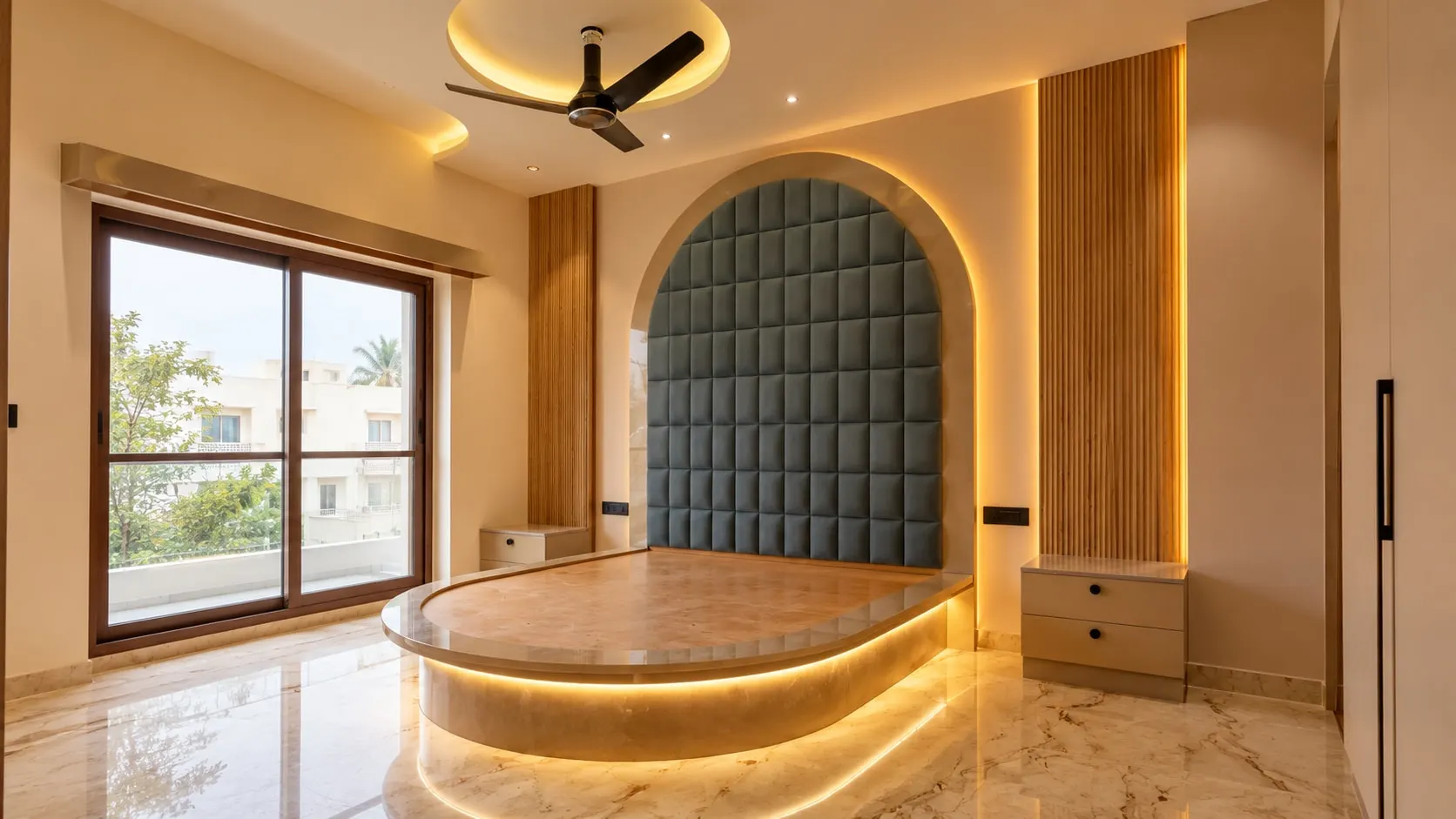 Bedroom with a quilted headboard set in an arch, a platform bed lit from beneath, timber panels and a sliding window