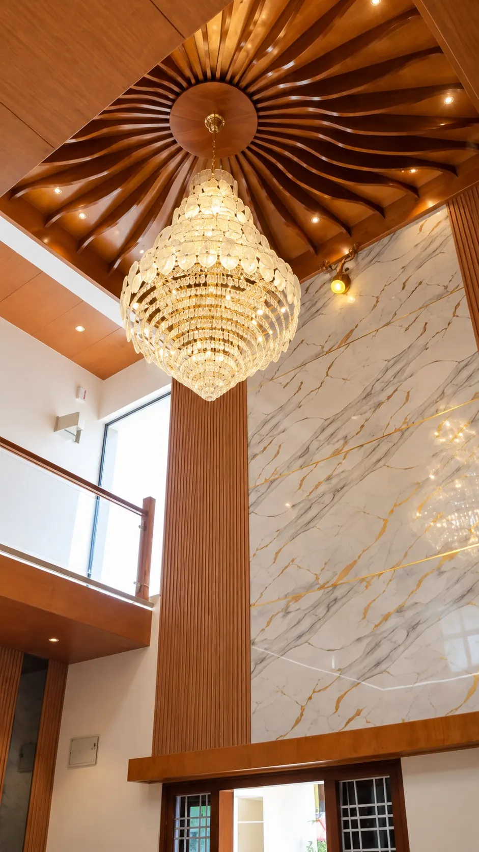 A crystal chandelier hanging from a ceiling of radiating timber fins, above a marble-finish wall that rises the full height of the room