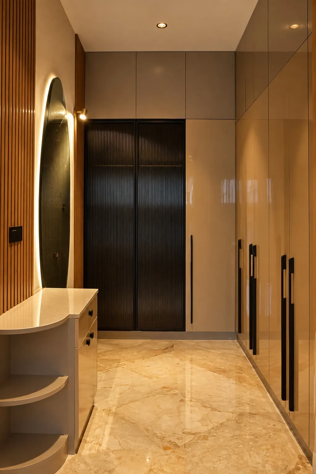 Dressing area with a tall backlit oval mirror, a curved dresser, and full-height wardrobes in grey gloss and dark fluted panels