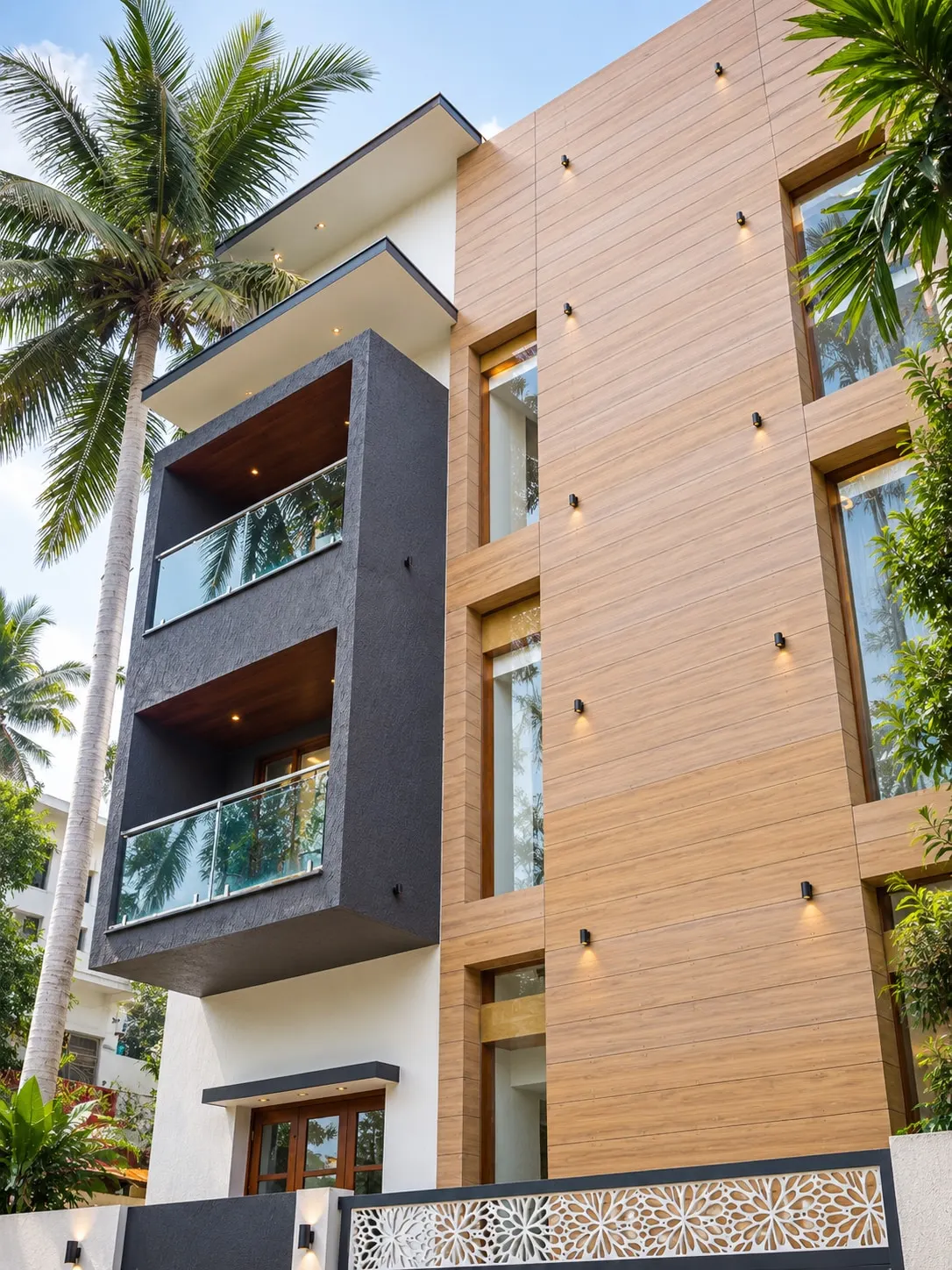 The villa from the street: a timber-clad facade with slim windows and wall lights, a dark grey block of balconies with glass railings, and a laser-cut screen along the boundary wall