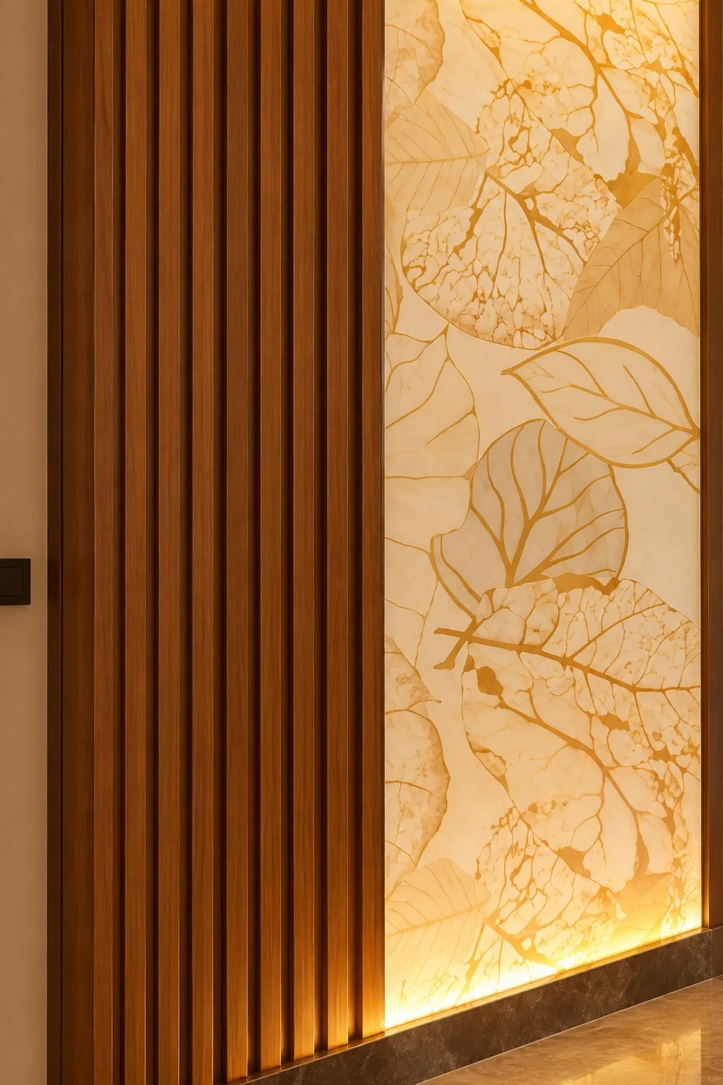 A backlit wall panel patterned with golden leaves beside a column of timber slats