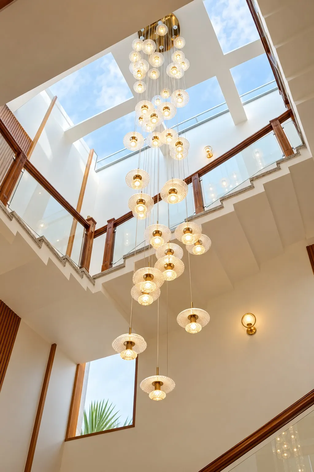 Looking up the stairwell to a skylight, with glass pendants falling the full height past glass-and-timber railings