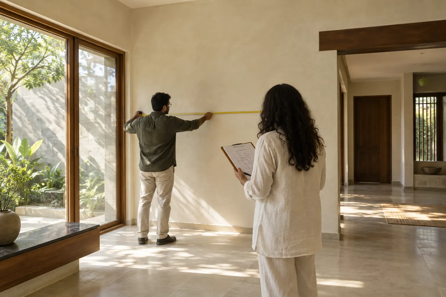 A designer measures a freshly plastered living room wall while a colleague holds a hand-drawn floor plan