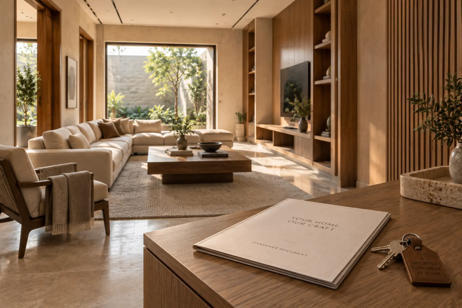 The same living room furnished and styled, with a folder and house keys on the console