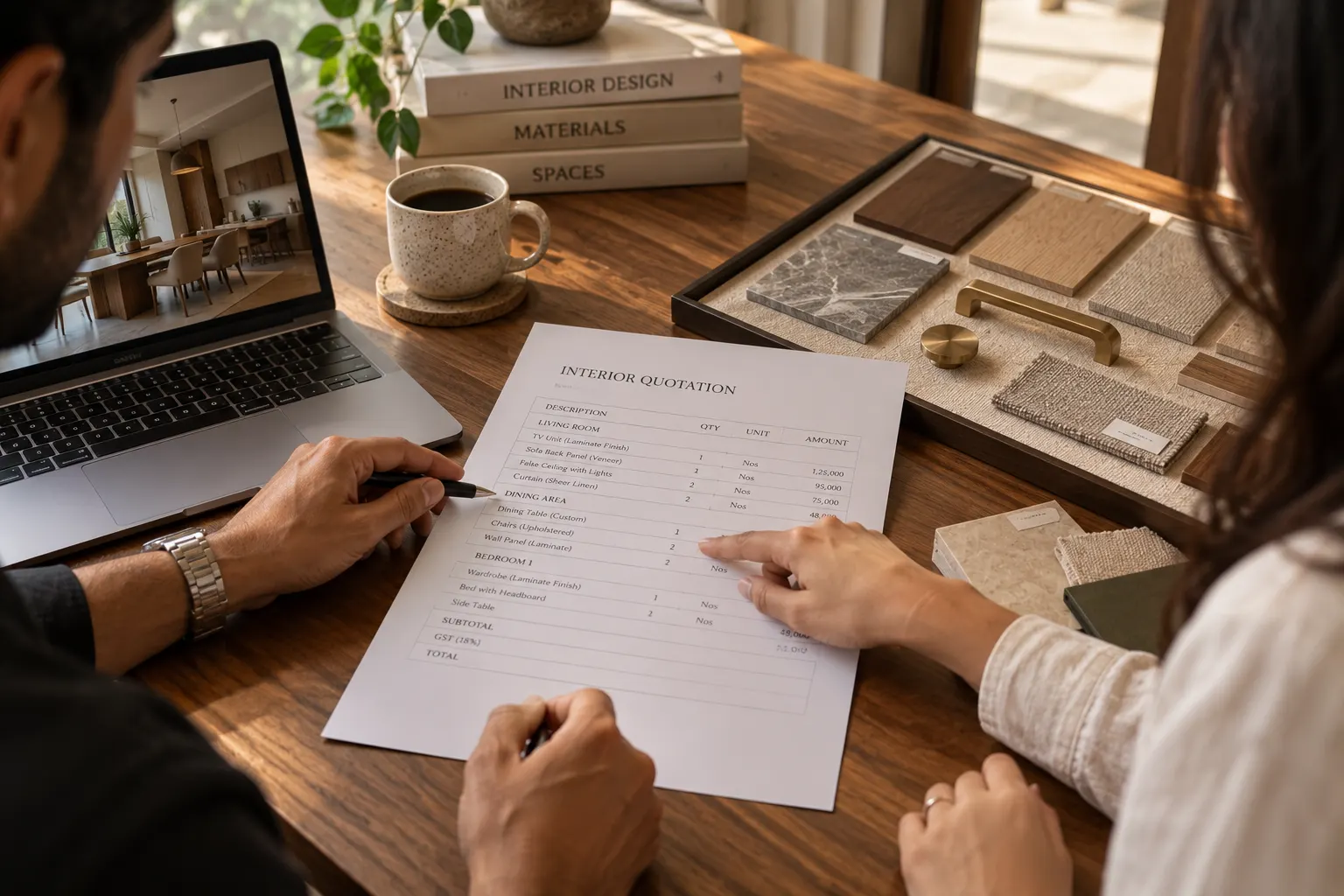 A homeowner and a designer going through an interior quotation, room by room, beside a laptop showing the design and a tray of material samples