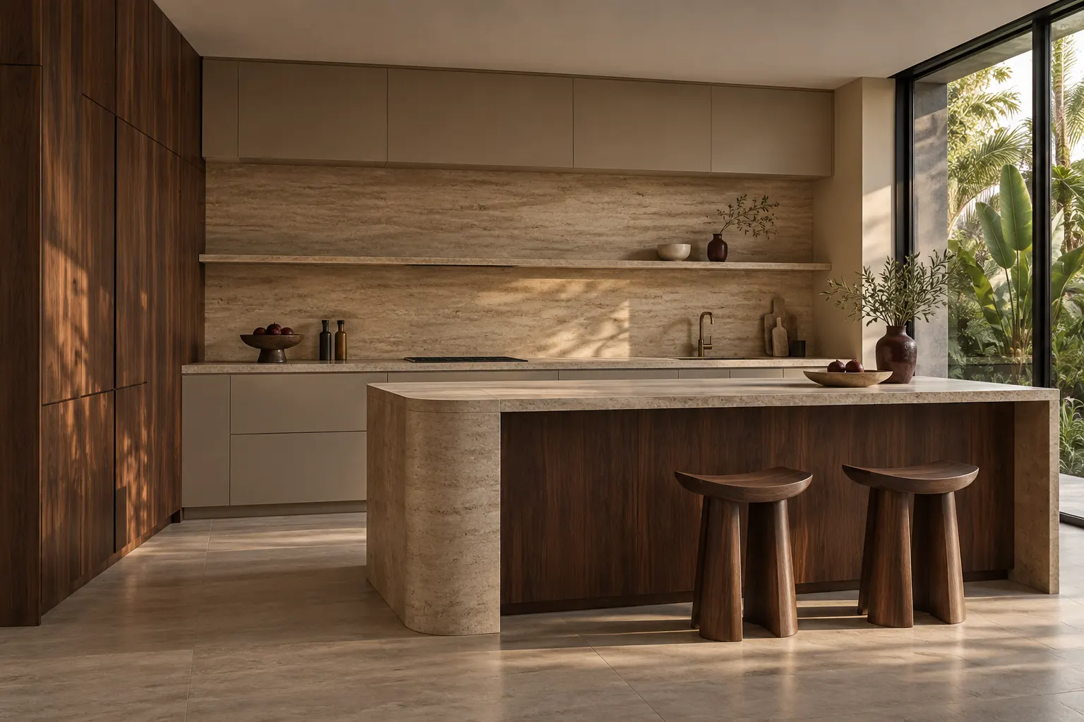 Original kitchen concept with walnut tall units, travertine counters and a rounded island